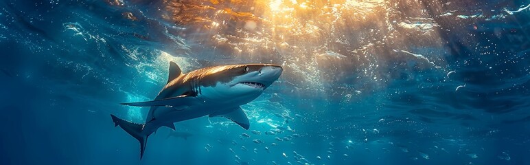 Fototapeta premium Sharks prey on a school of sardines in the open sea, World Environment Day, environmental protection theme, ecological environment, biodiversity, ecological balance, survival of the fittest 
