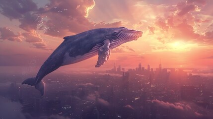 Fototapeta premium A surreal digital artwork of a giant whale floating gracefully above an urban cityscape during a vibrant sunset.