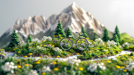Bike in Swiss Alpine Meadow - A 3D Flat Icon Reflecting Natural Beauty and Serenity in an Isometric Scene