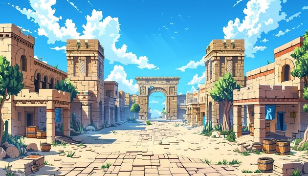 pixel art masterpiece showing a wide-angle perspective of a virtual reality history lesson, set in an ancient civilizations bustling marketplace with engaging mini-games and historical detail