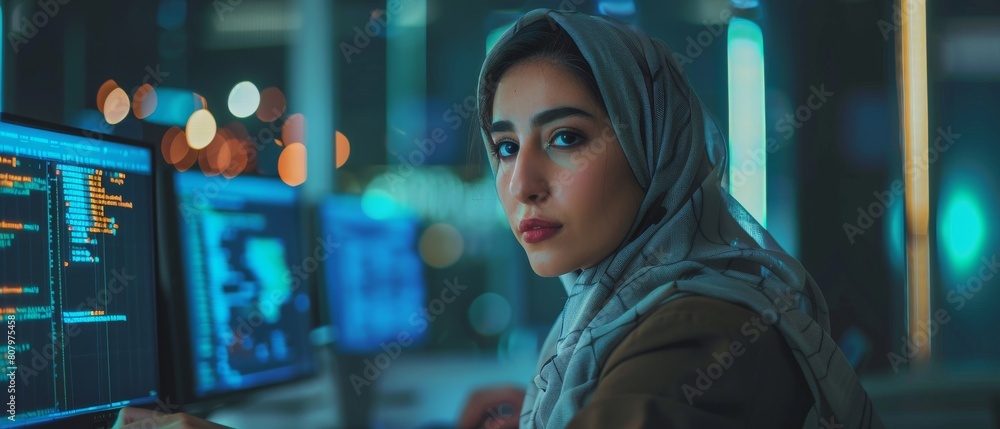 Poster a middle eastern engineer writing computer code in an innovative internet and software as a service 