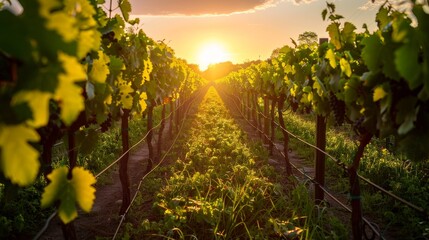 The image shows a beautiful sunset over a lush vineyard. The warm colors and soft light create a peaceful and inviting scene and the perfect setting to enjoy a glass of wine.