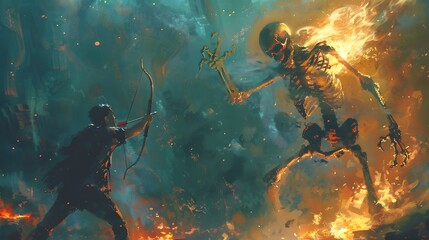 An archer with a drawn bow faces a towering, flaming skeleton warrior wielding a sword, creating a tense battle scene in a dark, ethereal arena.