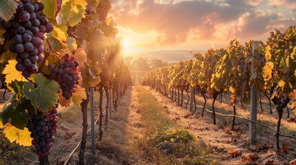 Naklejka premium The setting sun casts a golden glow over a lush vineyard, ripening the grapes to perfection.