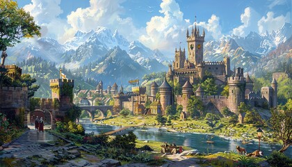 Bring to life a detailed scene of a medieval castle transformed into an educational game hub, with knights and wizards engaging in educational quests, depicted in a vibrant traditional oil painting st