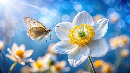 Butterfly on anemone flower with bokeh background