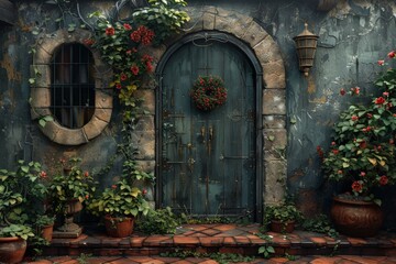 A captivating doorway adorned with flourishing plants, exuding rustic charm and a welcoming ambiance