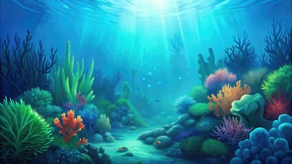 Underwater scene with corals and fish.