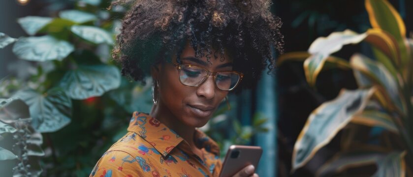 Beautiful Black Girl Browsing Social Media Dating App on Smartphone. Lovely Brazilian Young Woman Searches for True Love Using AI-powered Software.