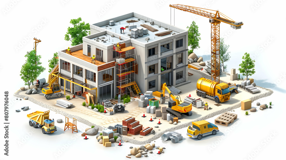 Poster 3d flat vector illustration of building inspectors evaluating construction site for compliance with 