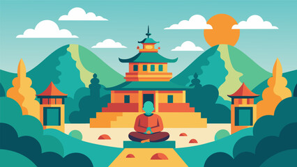 Naklejka premium A Buddhist monastery incorporates mindfulness exercises and sensory breaks into their retreats providing a peaceful environment for individuals of all. Vector illustration