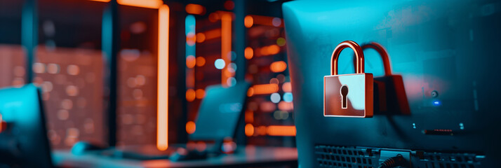 An image capturing a sharp padlock in front of a blurred server room background, emphasizing network security - Powered by Adobe