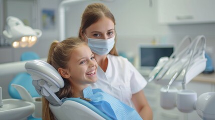 A woman and a little girl in the dentist's office, AI