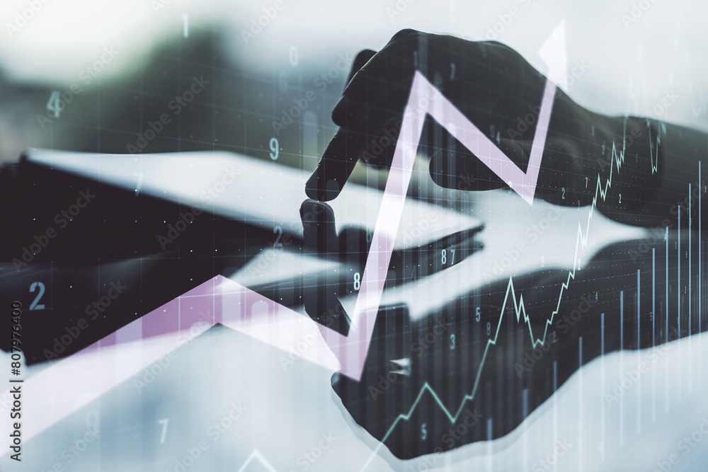 Poster double exposure of abstract creative financial chart with upward arrow and finger clicks on a digita