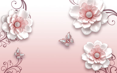  3D flowers Wallpaper with butterflies on a textured background, suitable for wall , panels, curtains , Wall art ..