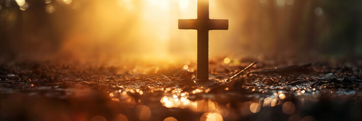 Serene scene of a wooden cross against a sunset in a forested area representing spirituality,...