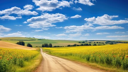 Fototapeta premium country road cutting through a field of golden sunflowers, under a vast expanse of blue sky. 