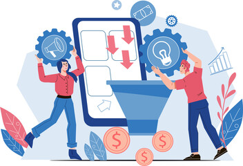 Sales funnel management and increasing conversion rates strategy. Attracting followers and buyers, generating new leads concept.