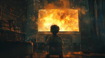 A child sits in a dimly lit room, captivated by an explosion scene on a brightly glowing TV screen, creating an intense and dramatic atmosphere.