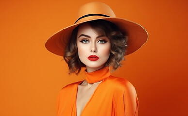 Portrait of beautiful elegant stylish woman in hat, lady in retro style posing on color background