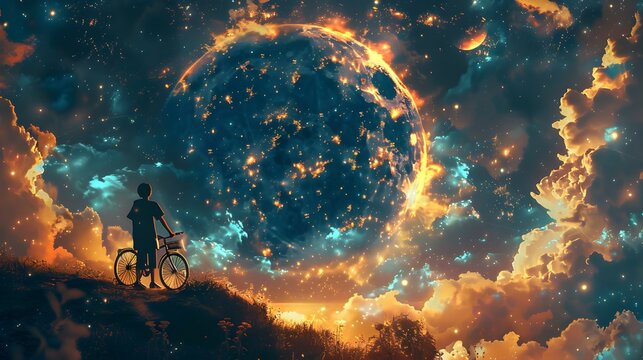 A silhouetted child on a bicycle stands atop a hill, gazing at a brightly glowing celestial globe surrounded by sparkling stars and swirling clouds.