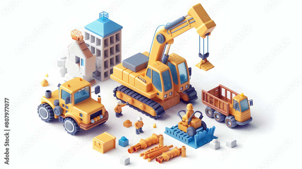 Poster isometric 3d flat icon: construction manager strategically allocating resources for optimal producti