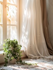 A white curtain is drawn in a room with a large plant in a basket