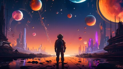 A lone astronaut stands at the edge of a futuristic cityscape, gazing at a mesmerizing sky filled with colorful planets and cosmic bodies.