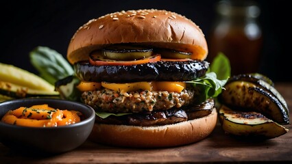 Homemade hamburger with grilled vegetables and french fries on wooden background