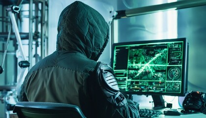 person with code, hacker with code and computer, hacker's hand reaching out from a digital screen, representing a cyber attack that leads to a data breach and compromise of information.