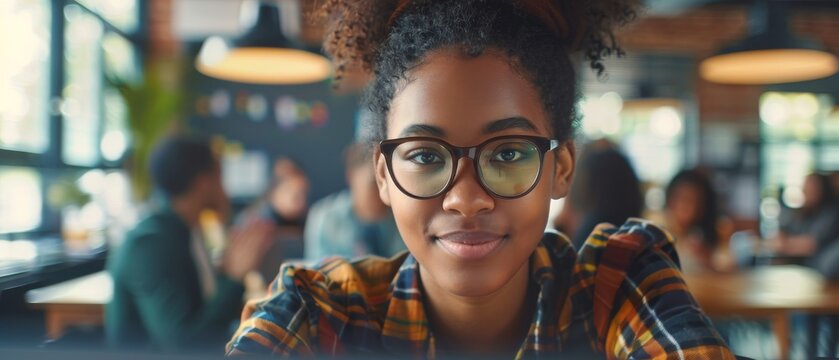Smart African American female student studying in a modern school with diverse multiethnic classmates. Bright college scholastics studying computer science, programming, or IT in modern school.