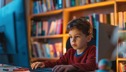 A young boy is sitting at a desk with a computer monitor in front of him
