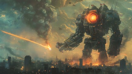A towering battle mech unleashes destruction on a futuristic city as explosions and chaos fill the smoky sky in this digital artwork.