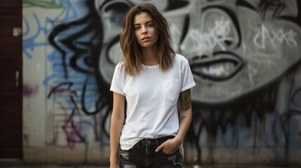 Naklejka premium A young woman with tousled hair and a septum piercing, wearing a vintage band 