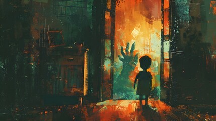 Illustration of a child in a dimly lit room confronting a large, ominous shadow against a vibrant, eerie backdrop.