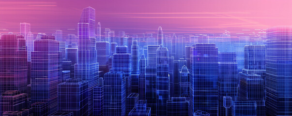 Urban twilight gradient from deep purple to neon blue in a cityscape inspired abstract wireframe vibrant  energetic