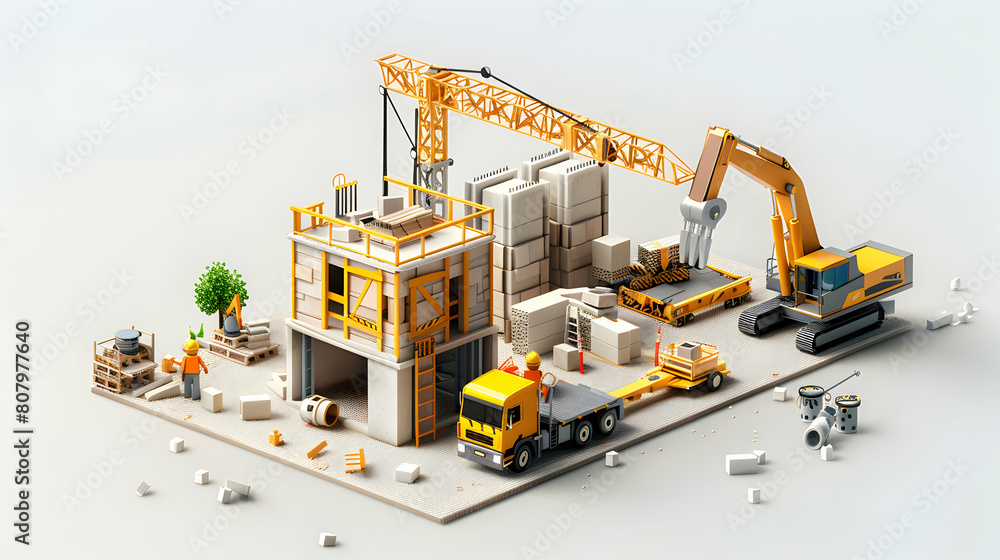 Poster 3d flat icon of crane operator lifting precast concrete panels in isometric scene for construction e