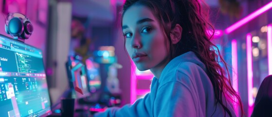 The picture shows a young girl focused on playing a video game on her desktop computer. A stylish streamer is playing a video game with Internet players near her in a futuristic neon studio