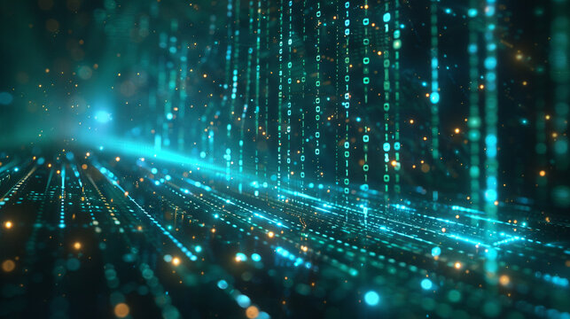 Cybersecurity in industrial networks, holographic firewall interface, dark theme with green and blue coding lines