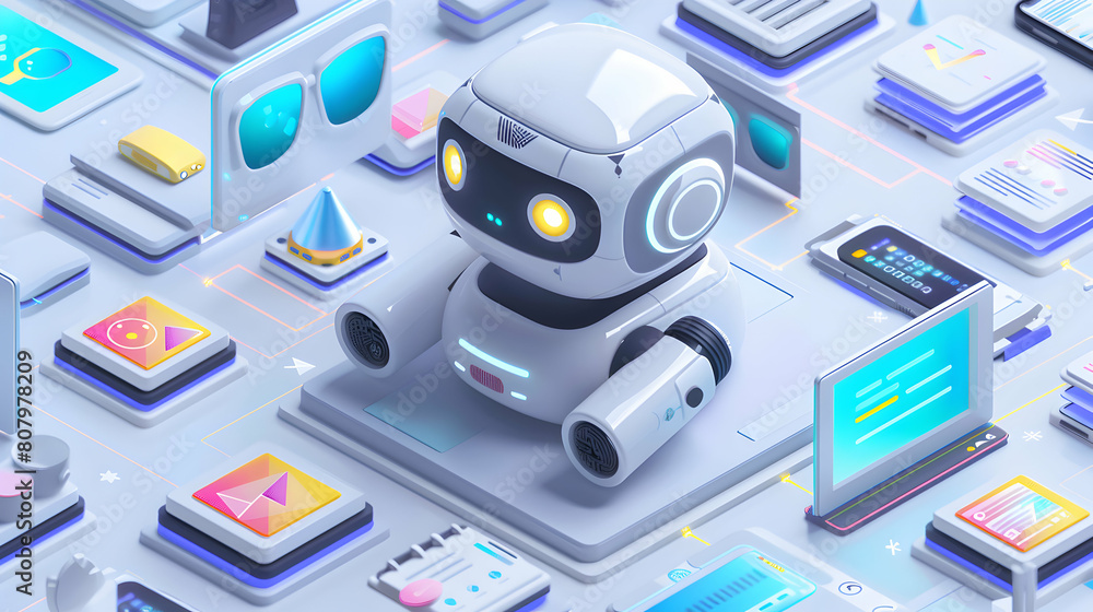 Poster efficient customer service chatbot concept with 3d flat icons - instant answers and improved efficie