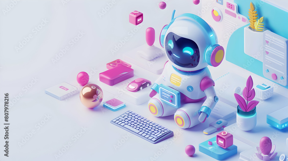 Poster 3d flat icon: customer service chatbot providing quick answers and efficiency in isometric scene
