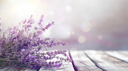 Bunch of lavender flowers on a rustic wooden table with bokeh lights in the background, creating a...