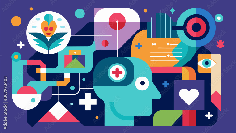 Poster a digital art piece with a combination of abstract shapes and symbols representing the patients comp