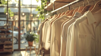 Fototapeta na wymiar Wooden hangers holding shirts and blouses. A rack of chic, casual items in soft colors is displayed. The light from large windows creates a warm atmosphere. 