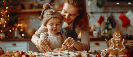 A Mother and Son Preparing Gingerbread on Christmas. The boy helps his mother with the chores and to cook. Spending time together on holiday is one of the best things about being a mother and son.