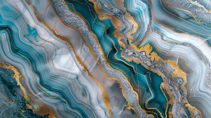Vibrant azure  silver marble design with golden lines reflecting a high-end luxurious stone style