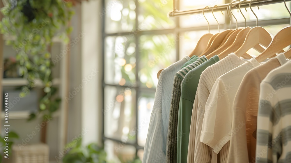 Wall mural Wooden hangers holding shirts and blouses. A rack of chic, casual items in soft colors is displayed. The light from large windows creates a warm atmosphere. 