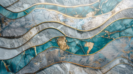 Vibrant cerulean  silver marble design with golden lines reflecting high-end luxurious stone style