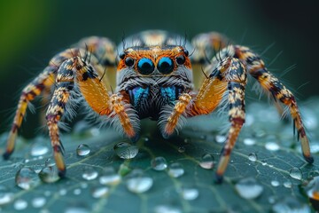 Fototapeta premium Vivid close-up of a jumping spider with striking blue eyes and detailed hairy texture on a dew-covered leaf