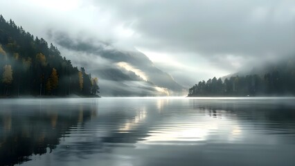 Tranquil Norwegian forest lake with misty clouds mirrored in serene water. Concept Nature Photography, Tranquil Landscapes, Norwegian Forest, Misty Clouds, Serene Water Reflections